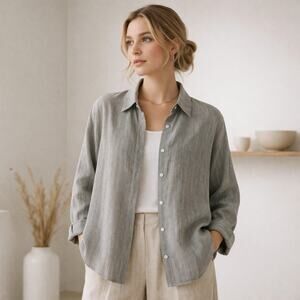 Finity Naturals Boxy Linen Button Womens Shirt Sz L Lagenlook Coastal Grunge